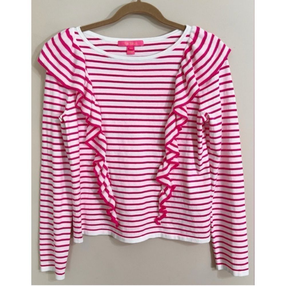 Lilly Pulitzer Ruth Ruffle Striped Sweater - Pink Tango Size M - Picture 4 of 9